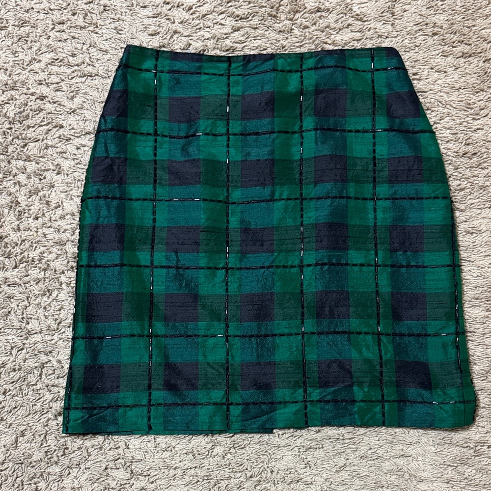 Muse Silk Tartan Plaid with Beading Mini Skirt Green Black Women's Size 6 Party